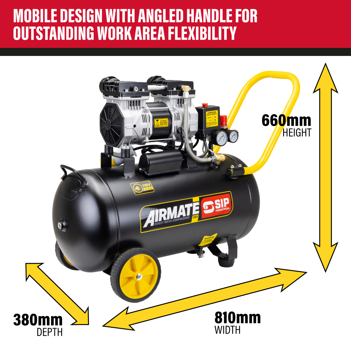 SIP AIRMATE® 110V 50L 2hp Low Noise Oil-Free Direct Drive Compressor